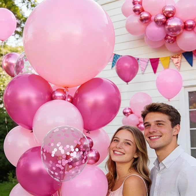 153pcs Pink Balloon Arch Garland Kit, Hot Pink Latex Balloons Metallic Confetti Ballon Different Size 18 12 10 5 inch for Girls Birthday Wedding Princess Baby Shower Party Decorations.