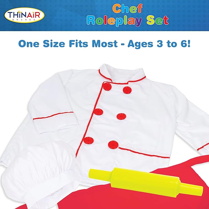 Chef Costume for Kids Ages 3-6 | 21-Piece Kids' Dress Up & Pretend Play Set Includes Jacket, Hat, Apron, Bowl, 2 Eggs, Utensils, Cookie Cutters