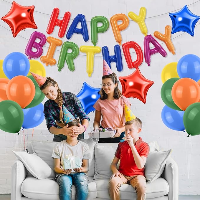 29PC Rainbow Happy Birthday Balloon Banner, 16 Inch 3D Aluminum Letter Banner Sign, Colourful Latex Balloon Helium 18 Inch Star Foil Balloon for Kids, Women, Men Birthday Party Decorations