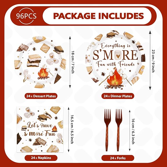 96 Pcs Smore Camping Party Decorations Everything is S'More Fun with Friends Plates and Napkins Camping Themed Tableware Set for Campers Birthday Baby Shower Campfire Bonfire Party Supplies Serves 24