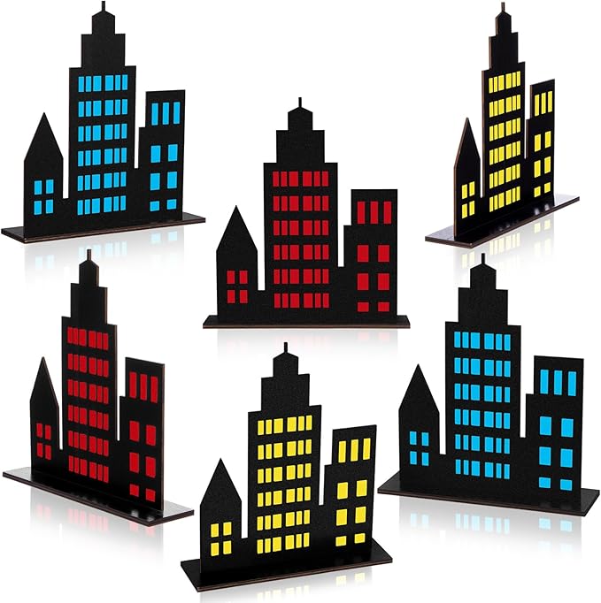 Geelin 6 Pcs Skyscraper Party Decorations Hero Party Decorations New York City Wood NYC Centerpieces City Skyline Building Decor for Comic Birthday Favors Supplies(Solid Style,Multicolor)