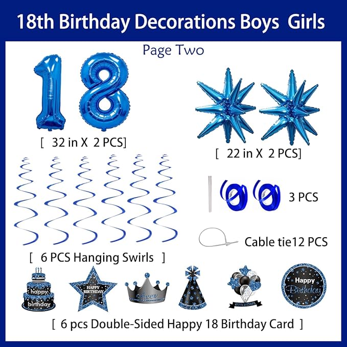 Blue Black 18th Birthday Decorations for Boys, 18 Birthday Banner & Balloons Set with Backdrop, Large 18 Foil Balloon, Hanging Swirls – Complete 18 Year Old Party Supplies.