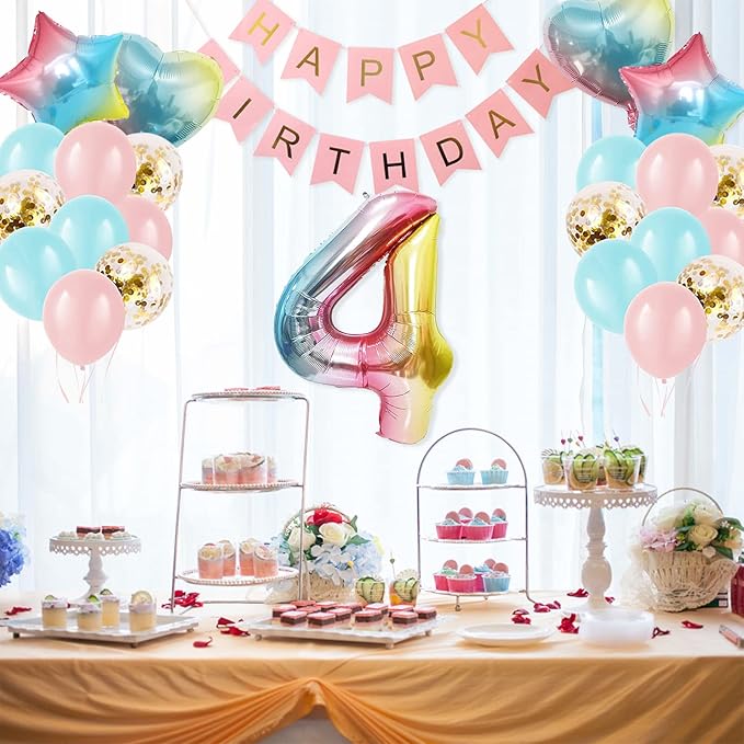 4th Birthday Decorations for Girls Gradient color Age 4 Birthday Balloons with Happy Birthday Banner for Baby showers Fourth Birthday Party Supplies for Girls Boys (4th-Birthday)