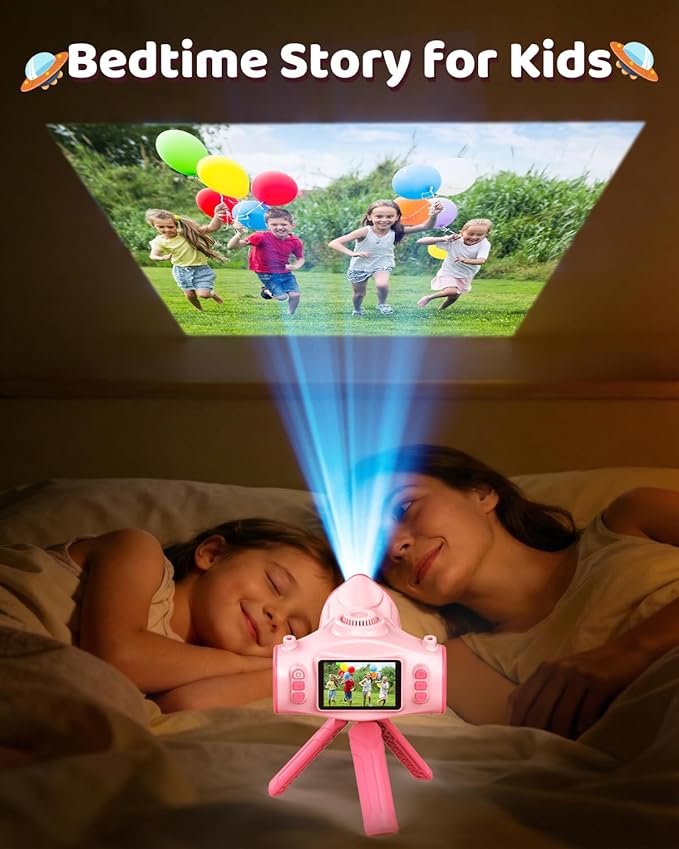 Kids Camera with Projector, 1080P HD Digital Camera for Kids Ages 3-12, 48MP Photo Video Recorder with Stand 32GB SD Card Included, Christmas Birthday Gifts Toy for Girls Boys (Pink)