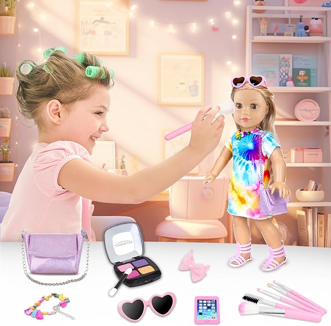 13 Pcs American 18 Inch Doll Accessories and Clothes, Doll Makeup Accessories Set Include Makeup Brush, Eye Shadow,Necklace, Shoulder Bag, Dress,Shoes,Bow Knot Hairpin(No Dolls)