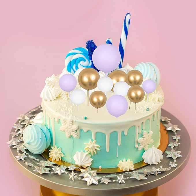 Gyufise 30Pcs Ball Cake Topper Ball Cake Picks Colorful Pearl Ball Shaped Cupcake Insert Cake Topper for Babyshower Birthday Party Favors Wedding Decoration Supplies Purple White Gold