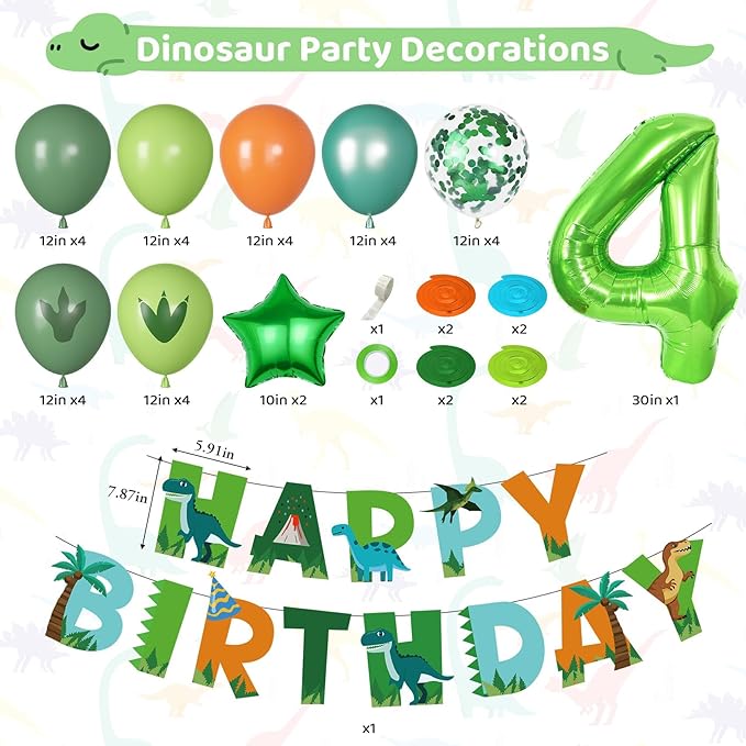 Amandir Dinosaur 4th Birthday Party Decorations for Boys Girls, Foil Green Star Number 4 Dinosaur Balloons with Happy Birthday Banner Hanging Swirls for Dino Baby Shower Kids Party Supplies