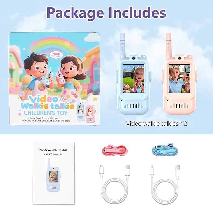 Video Walkie Talkies for Kids, 2 Pack Rechargeable Kids Walkie Talkies, Screen Display and Voice Changer, Indoor Outdoor for Boys and Girls, Age 3-12 (Blue & Pink)