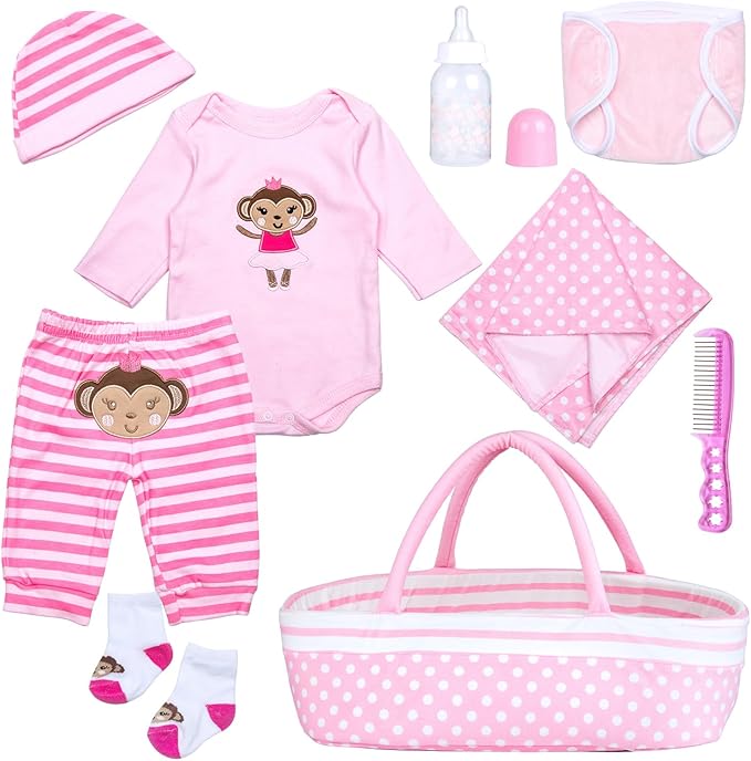 9 Pcs Set Reborn Baby Dolls Clothes with Pink Dot Bassinet for 17-22 Inch Reborn Dolls,Realistic Baby Doll Accessories Outfit fit Newborn Baby Doll Girl