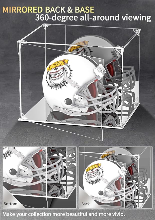 Football Helmet Display Case with Mirrored Back and Base,Full Size Acrylic Baseball Motorcycle Helmet Showcase with Magnetic Door, UV Protected Display Box Showcase for Collectibles(15.7x12x12inch)