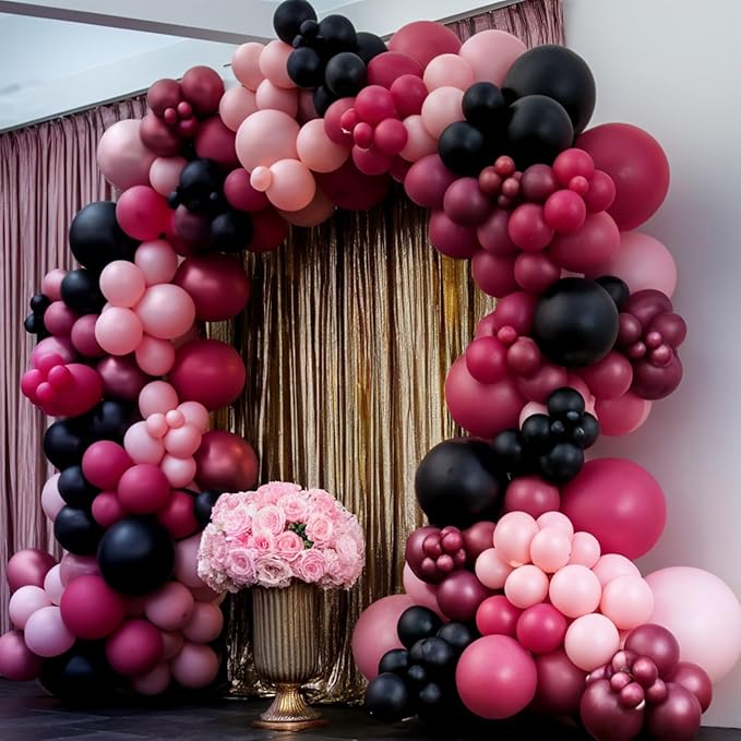 Pink and Black Balloons, 60Pcs 12 Inch Hot Pink Light Pink Black Confetti Metallic Pink Party Balloons for Girl Birthday Theme Party Wedding Engagement Bachelorette Bridal Shower Decorations