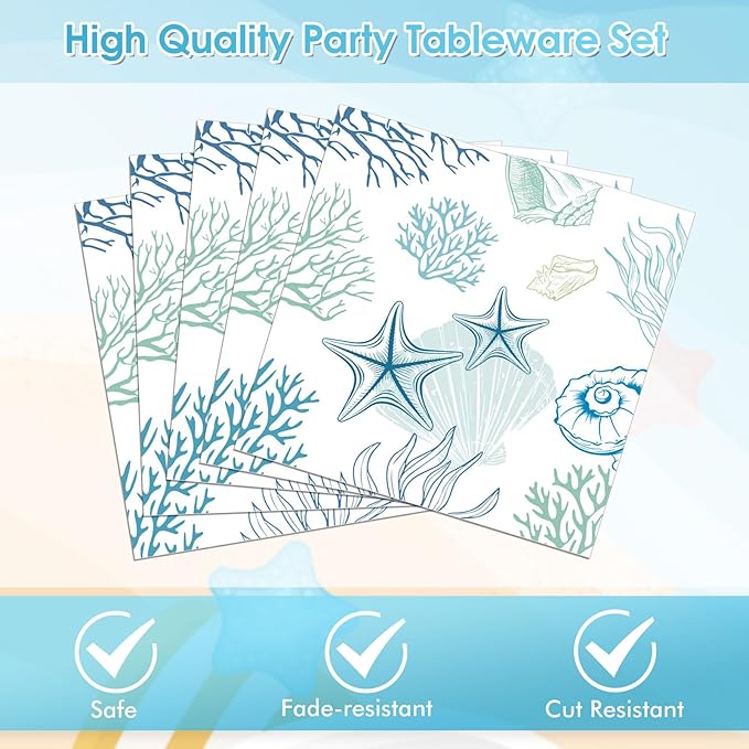 Seashell Beach Party Decorations,40Pcs Ocean Seashell Beach Plates,Napkin Blue Starfish Seashell Coral Themed Disposable Tableware for Birthday Baby Shower Summer Party, Serves 20