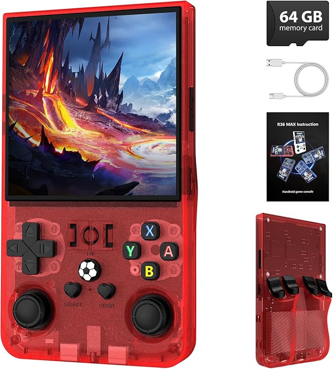 R36MAX Retro Handheld Game Console, 64GB Retro Gaming Console with 4.0 Inch Screen, Portable Video Game Consoles with 4000mAh Battery and Multiple Emulators, Open Linux System (Crimson)