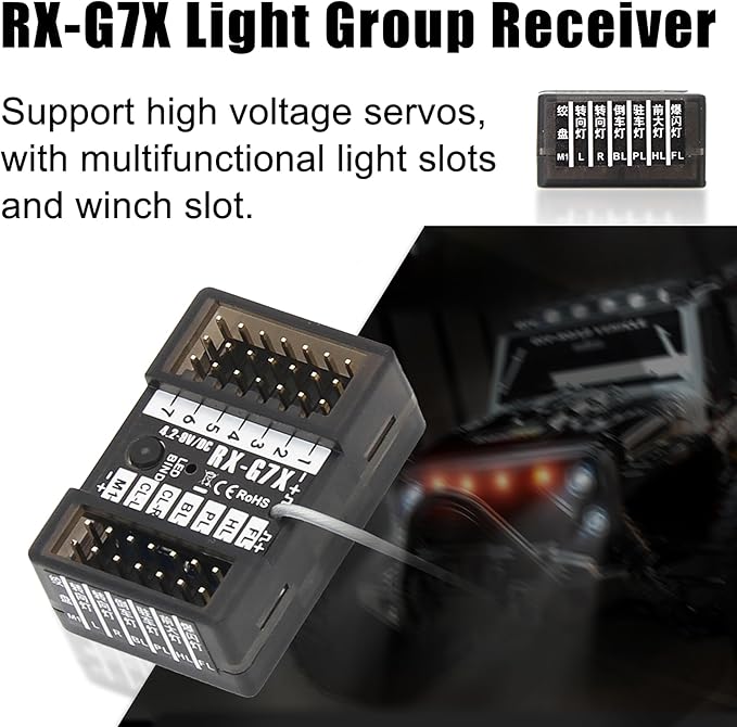 7 Channels RC Transmitter with Receiver Built-in Light Control System and 12LED Light Set, 2.4GHz Radio Remote Controller for RC Car Crawler Truck Buggy Off Road On Road Boat Tank(Golden)