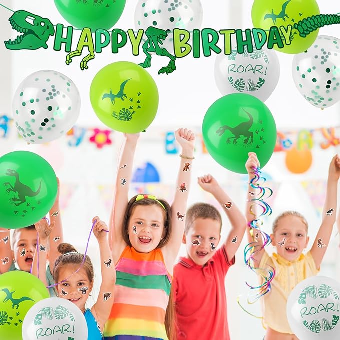 208pcs Dinosaur Birthday Party Decorations For Boys, Dinosaur Themes Birthday Party Supplies Serve 20 with Disposable Plates,Napkins,Cups,Cutlery Set, Banner,Tablecloth,Cake Topper,Ballons,Stickers