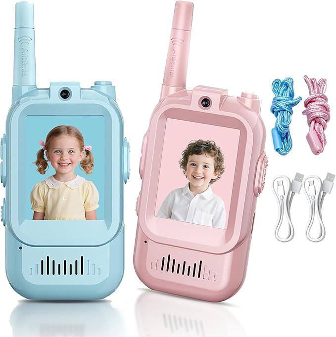 Rechargeable Kids Walkie Talkies 2 Pack, 1000 Feet Range with Video Screen & Voice Changer, Birthday Gift Toy for 3-12 Year Olds, for Indoor Play Camping Hiking