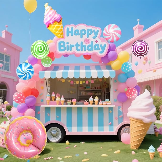 Birthday Decorations for Girl ,Sweet Birthday Party Decorations ,Lollipop Foil Balloon , Donuts Ice Cream Candy Balloons Garland kit for Girl Boy Castle Lollipop Supplies
