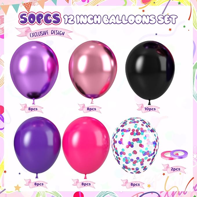Purple Pink Black Balloons, 50Pcs 12 Inch Black Hot Pink Dark Purple Metallic Magenta Confetti Balloons for Girl Women Themed Birthday Party Bachelorette Baby Shower Wedding Celebration Decorations