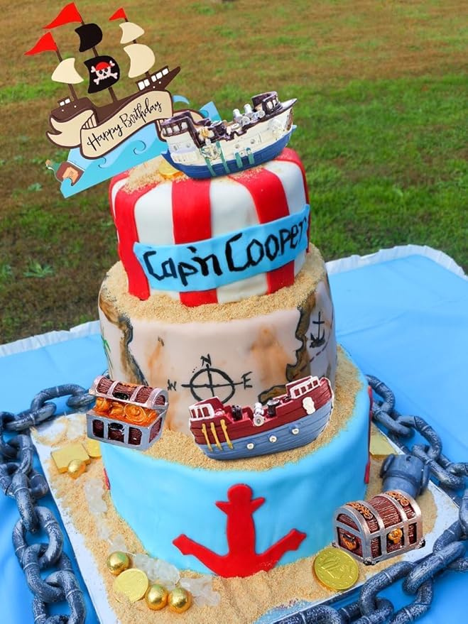 Pirate Ship Cake Topper Nautical Sailboat Model Decoration Set Gold Coins and Pirate Gems Pirate Treasure Chest Compass for Kids Pirate Birthday Party Supplies pirate cake decoration