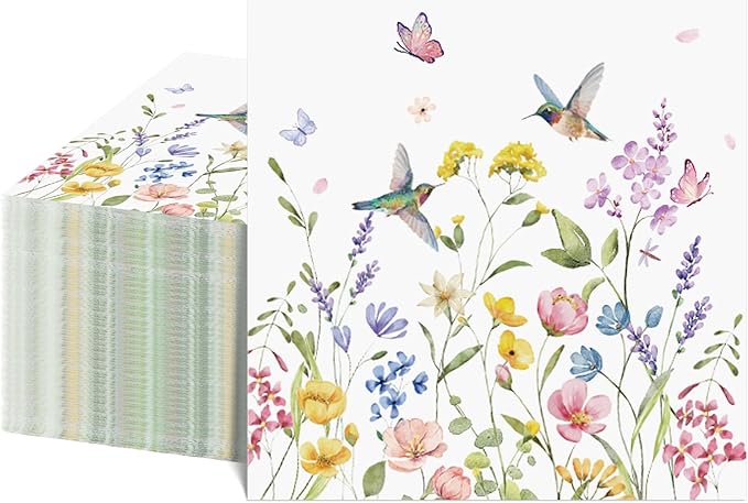 100 Pcs Wildflower Napkins, 2-Ply Floral Cocktail Napkins Spring Decoupage Napkin Butterfly Hummingbird Flower Dessert Beverage Napkin for Easter Baby Shower, Tea Party