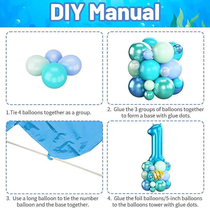 Blue Number 1 Balloon 40 Inch Ocean Under the Sea Number One Foil Balloons Tower with Shark Bubble Fish for Boys First 1st Birthday Party Decor Green Underwater Digital Aluminum Balloons Stack