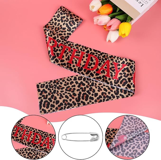 Cheetah and Cherry Birthday Sash - Cheetah Satin Print Cherry Theme Party Sash, Girls Nights Women Birthdays Leopard Party Decoration Supplies