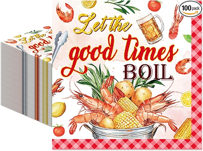 100Pcs Let The Good Times Boil Napkins Crawfish Boil Party Supplies Freedom Lobster Seafood Boil Birthday Theme Disposable Luncheon Dinner Table Decor Supplies Napkins 6.5" x 6.5"