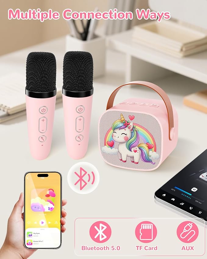 Mini Karaoke Machine for Kids,Portable Bluetooth Speaker with 2 Microphones,Rechargeable Battery,FM Radio,USB Playback,LED Lights for Boys & Girls Children's Gifts-Pink Pony