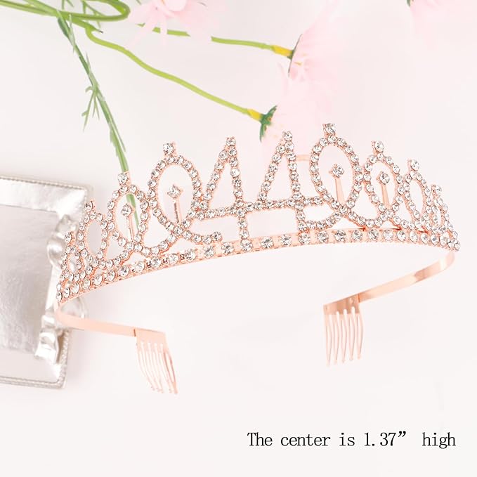 CIEHER 44th Birthday Crown & Sash Set + Pearl Pin, Fabulous 44 Birthday Tiara, Decorations & Gifts for Women