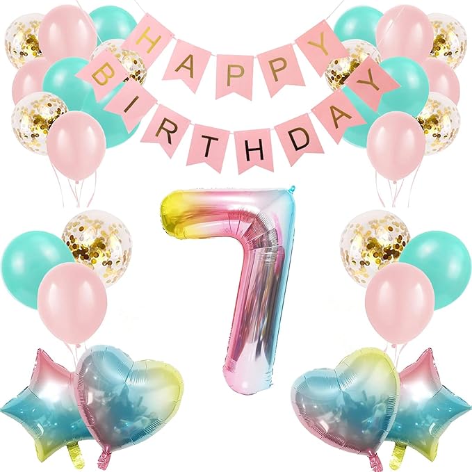 7th Birthday Decorations for Girls Gradient color Age 7 Birthday Balloons with Happy Birthday Banner for Baby showers Seventh Birthday Party Supplies for Girls Boys (7th-Birthday)