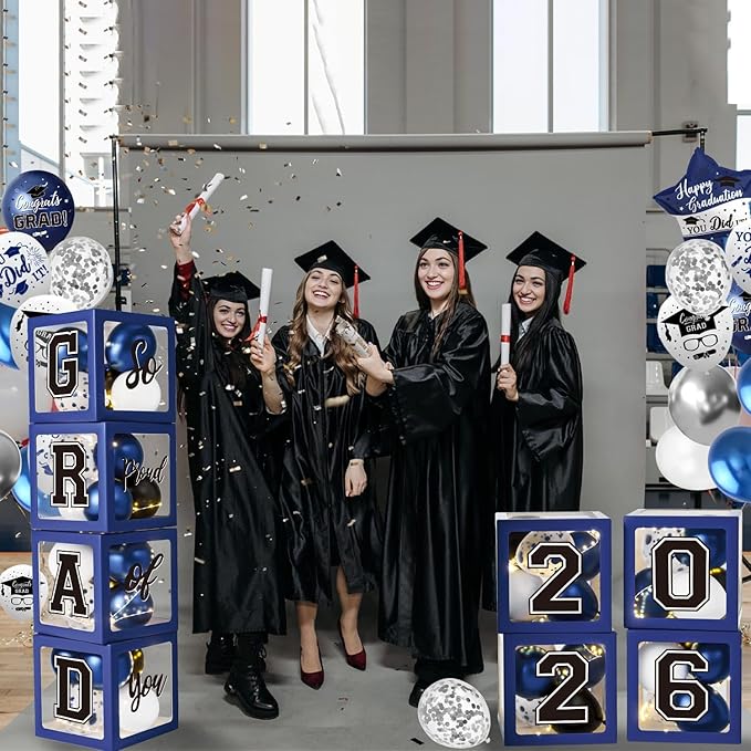 Navy Blue Graduation Decorations Class of 2026 - Balloons Boxes with Letters 2026 GRAD So Proud of You - Complete Party Supplies for High School & College Celebrations
