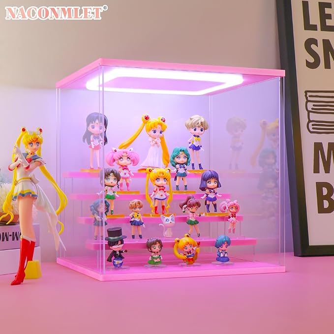 Clear Acrylic Display Case for Figure Pop mart Display- Funko Pop Storage Showcase with Lighting,Dustproof ,Multiple Layers Display case for Collectibles(5 Tier-W*D*H-12.6"x11.4"x13.3"inches)