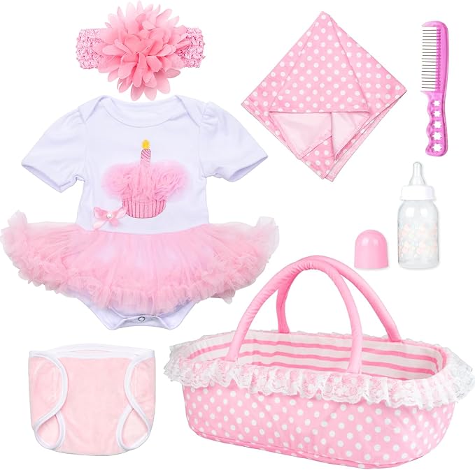 PEDOLLTREE Reborn Baby Dolls Clothes Girl Outfit Accessories Pink Tutu 7 Pcs Set for 17-22 Inch Reborn Doll Newborn Girl with Pink Dot Bassinet