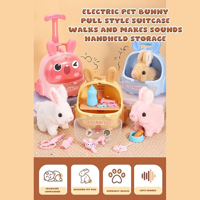 Electric Bunny Toy, Interactive Plush Bunny Toy with Cage, Walking Hopping & Nose Twitching Electronic Pet for Kids
