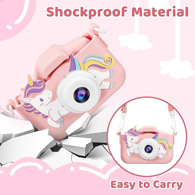 Kids Camera, Toys for Age 3-9 Year Old Toddler Digital Camera, Girls Christmas Birthday Gifts, Selfie Camera with Cartoon Soft Silicone Cover and 32GB Card (Sakura Pink)