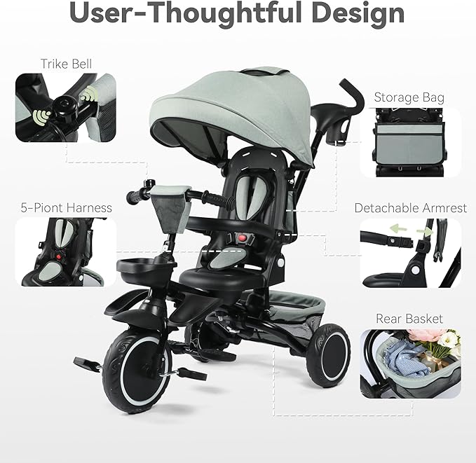 8 in 1 Kids Tricycle, Folding Toddler Tricycle w/Reversible Seat, Adjustable Push Rod & Canopy, Baby Trike Toddler Bike w/Bell, 5-Point Harness, Extra Storage, Cup Holder, Pale Green