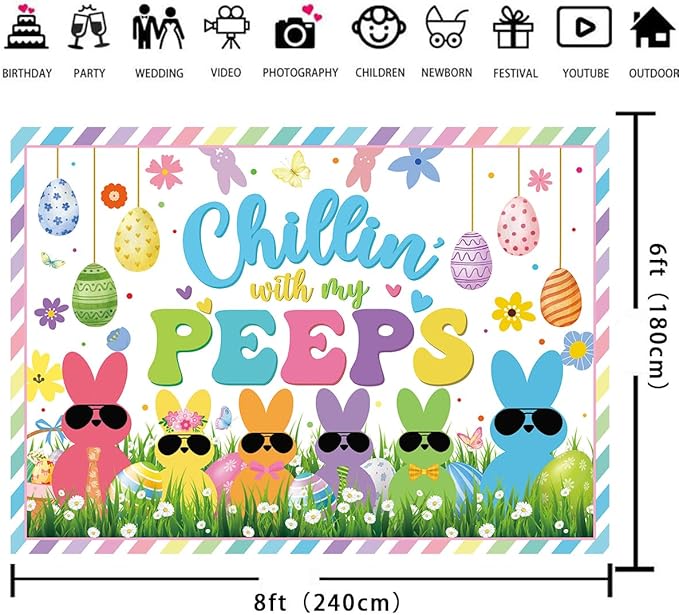 Chillin with My Peeps Banner Backdrop 8x6FT Bunny Happy Easter Peeps Background Spring Party Decorations Supplies Photo Props