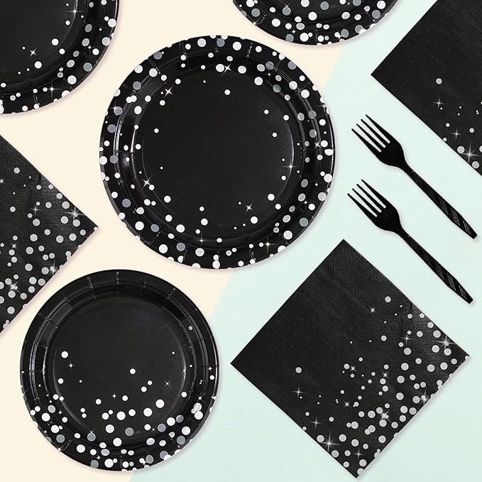 Grencian 96Pcs Black and Silver Party Decorations White Silver Dot on Black Paper Plates Disposable Birthday Paper Tableware Set for Birthday Retirement Wedding Party Supplies, Serve 24