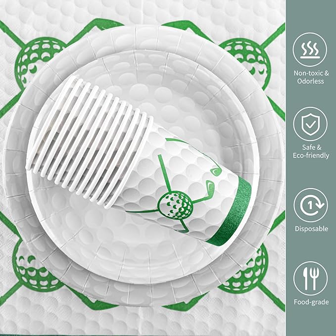 durony 96 Pieces Golf Party Supplies Birthday Party Tableware Set Including Paper Plates, Cups, Napkins for Golf Sports Themed Decorations, Serves 24 Guests