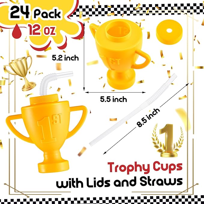 Amyhill 24 Pcs Race Car Trophy Cups With Straws and Lids 12 Oz Plastic Race Car Birthday Party Supplies And Favors For Kids Adults Props Rewards Winning Prizes Competitions (Gold)