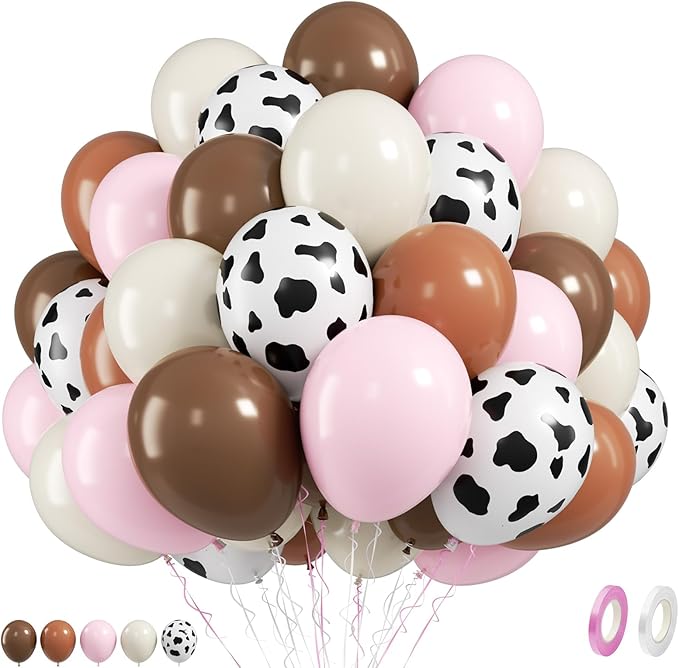 FunHot Pink Cow Balloons, 50 Pcs Pink Brown Balloon, Cowgirl Balloons, 12 Inch Ivory Cow Printed Helium Balloon for Birthday Girls Baby Shower Cow Themed Western Farm Rodeo Cowgirl Party Decorations