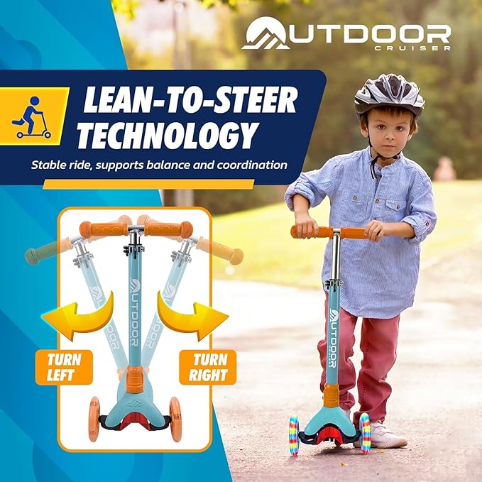 Outdoor Cruiser 3-Wheel Kids Scooter – with Lean-to-Steer Technology, Led Lighted Wheel, 4-Level Adjustable Height T-bar Handle, Support Kids Up to 150 Lbs, for Boys & Girls Ages 3-8, Aqua and Orange