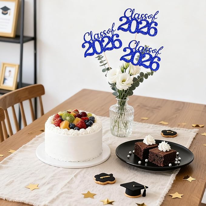Blue Class of 2026 Double-sided Graduation Table Centerpieces, 12 Pcs Grad Party Decorations with Sticks, Graduation 2026 Party Supplies for Table Decor