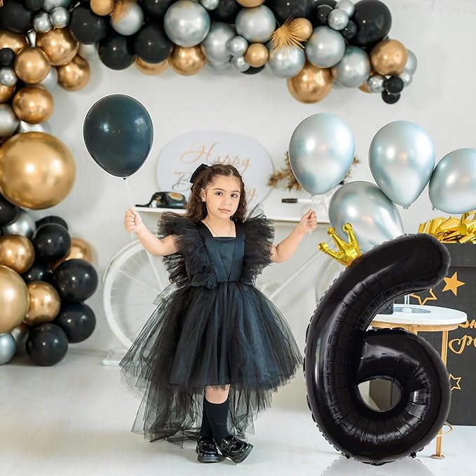 Large Number 6 Balloons, Black 40 Inch Foil Number Balloon for Boys, Crown Self Inflating 0-9 Set Balloons for Girls 6th Birthday Party Decoration Anniversary Party Decorations kids Boys Supplies