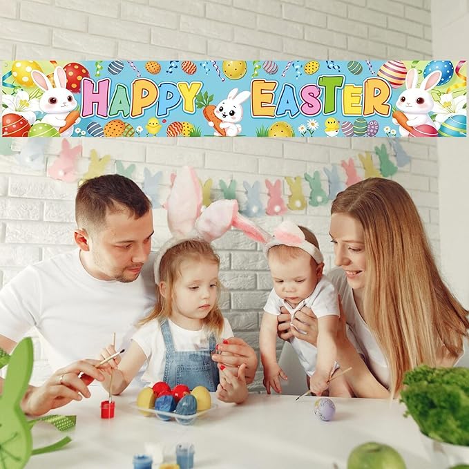 Happy Easter Banner 120x20 Inches, Easter Outdoor Decorations for Yard, Fence, Porch, Party, Durable Polyester Easter Bunting with Easy Hang Grommets for Indoor Outdoor Easter Party Supplies