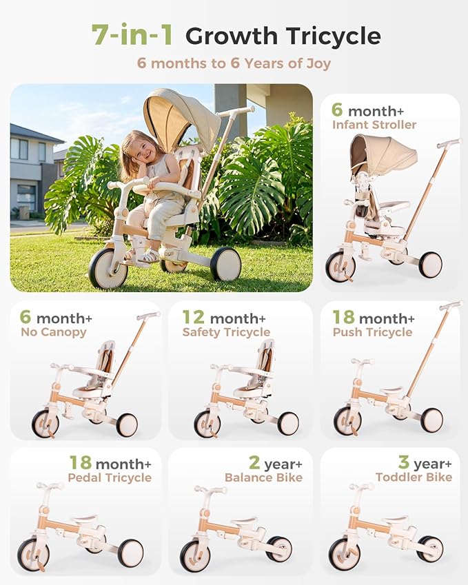 7-in-1 Tricycle for Toddlers 1-3 Years, Foldable Baby Trike Stroller with Steering Push Handle, Gift for Boys Girls 12 Months to 6 Years- Brown