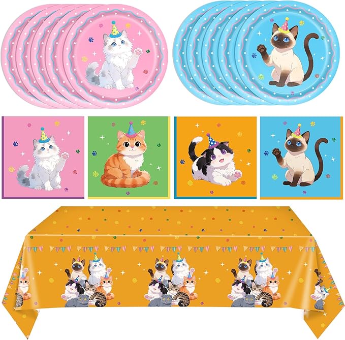 41Pcs Pet Cat Birthday Party Decorations,Colorful Kitten Birthday Plates and Napkins,Cat Party Table Covers Disposable Pet Dinnerware Decor Set for Girls' Kid’s Cats Themed Birthday Parties Supplies