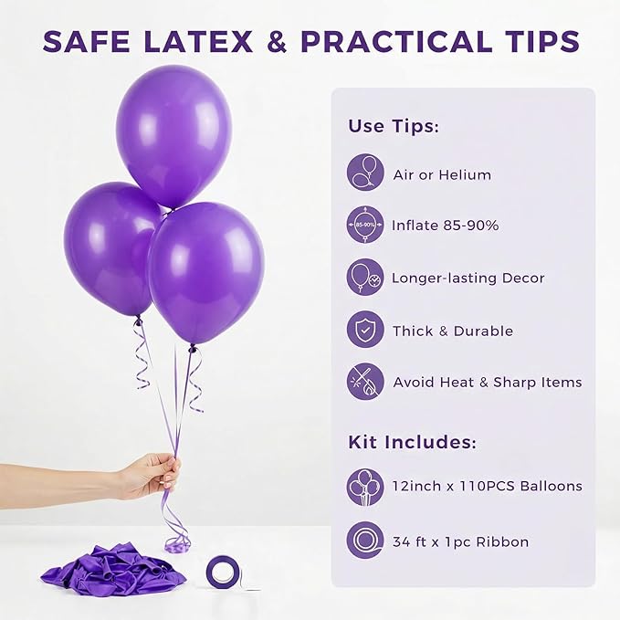 LovesTown 110PCS Purple Balloons, Dark Purple Latex Balloon for Birthday Baby Shower Graduation Engagement Anniversary Wedding Party Supplies Garland Arch Decoration,12 Inches