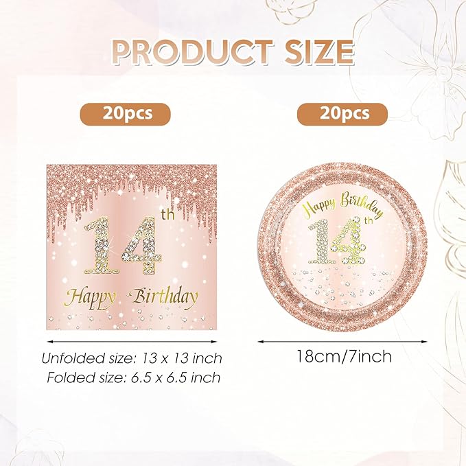 40Pcs 14th Birthday Decorations for Girls Rose Gold 14th Birthday Party Plates and Napkins Happy 14 Years Party Theme Tableware,Disposable 7'' Paper Plates,Napkins for Her,Girls Teen Party Supplies
