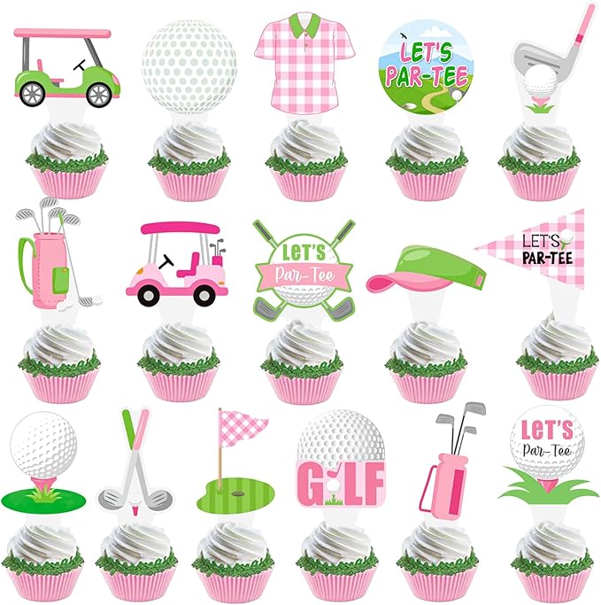 Golf Party Cupcake Toppers Pink Golf Birthday Cake Decorations 48PCS Let's Par-tee Golf Theme Cupcake Toppers Golf Party Supplies for Girls Golf Ball Carts Baby Shower Decor